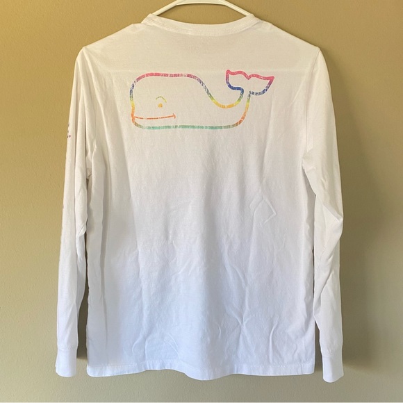 Vineyard Vines White Long Sleeve Crew T-Shirt Top Multicolor Rainbow Whale Logo - Picture 2 of 3